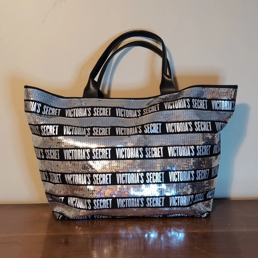 Victoria's Secret Sequin Black & Silver Classic Logo Travel Tote Zipper Top - Picture 2 of 11